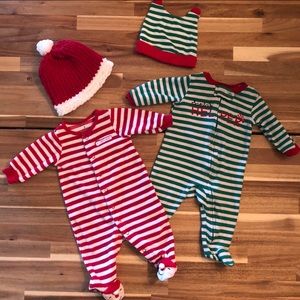 Baby Christmas Footie PJs w/ matching hats (NB)